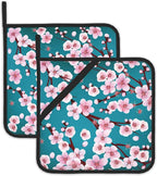 Spring Flowers Pot Holders Set of 2 Heat Resistant Potholders,Cherry Blossom Fire Oven Hot Pads for Kitchen Cooking Baking Barbecue