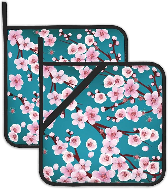 Spring Flowers Pot Holders Set of 2 Heat Resistant Potholders,Cherry Blossom Fire Oven Hot Pads for Kitchen Cooking Baking Barbecue