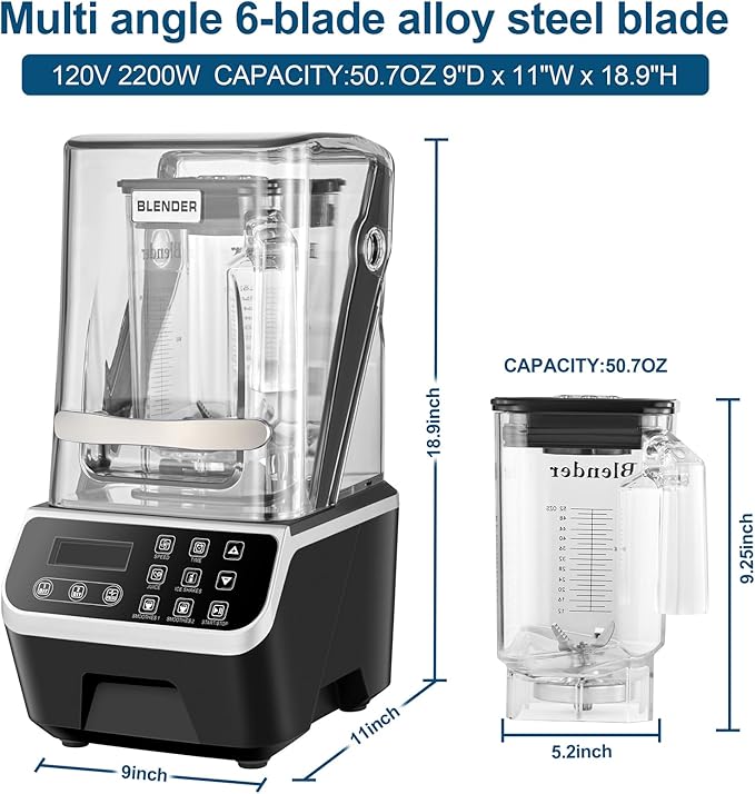 Commercial Blender 2200W 2.1QT 68OZ Quiet Blender Brushless Motors Commercial Smoothies, Frozen Drinks,Self-Cleaning，Electric Countertop Blenders Heavy-Duty,Silver Grey