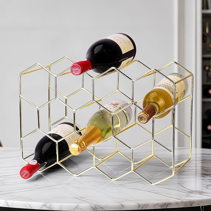 Countertop Wine Rack-14 Bottles Gold Wine Rack-No Assembly Required-3 Tier Tabletop Wine Bottle Holder for Cabinet