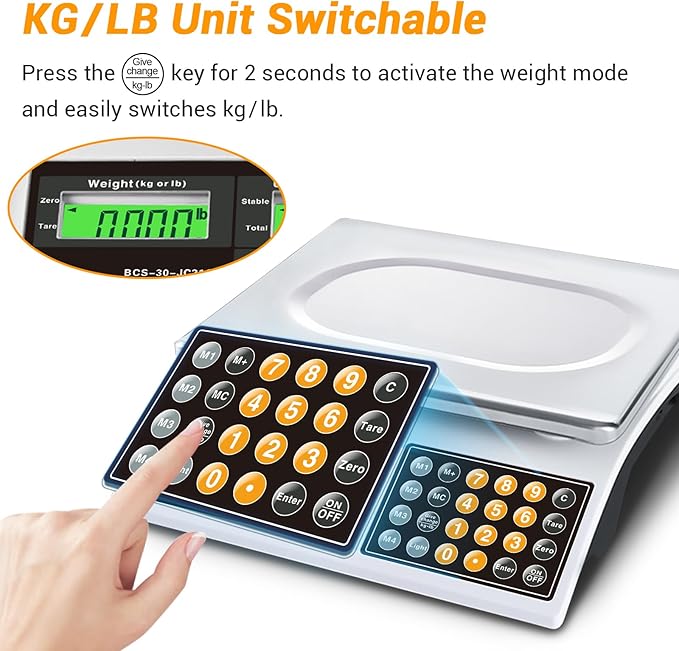 Price Computing Scale, 66lb Digital Commercial Food Meat Produce Weighing Scale with Green Backlight LCD for Farmers Market, Retail Outlets, Dry Battery Powered, Not for Trade