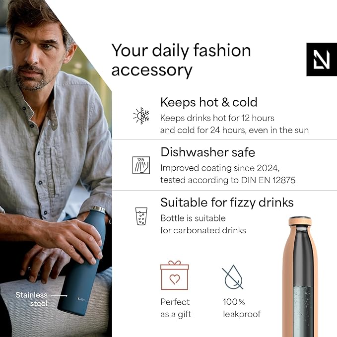 LARS NYSØM Stainless Steel Insulated Water Bottle 12 oz 17 oz 25 oz 34 oz 51 oz | Insulated Thermo Flask for Hot and Cold Beverages | Leakproof Drinking Bottle (Creamy Peach, 33.8 oz)