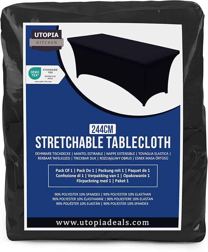 Utopia Kitchen 8FT Spandex Tablecloth [1 Pack, Black] 200 GSM Stretch, Fitted, Washable and Wrinkle Resistant Table Cloth Rectangle Cover for Trade Shows, Wedding, Parties [96Lx30Wx30H Inch]