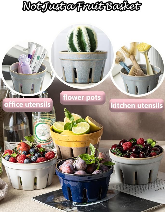 Gomakren Fruit Bowl with Holes, Ceramic Berry Basket Set of 2, 5.8 Inch Round Fruit Storage Containers for Kitchen, Farmhouse Strawberry Basket for Berries, Grape, Cherry, Gray