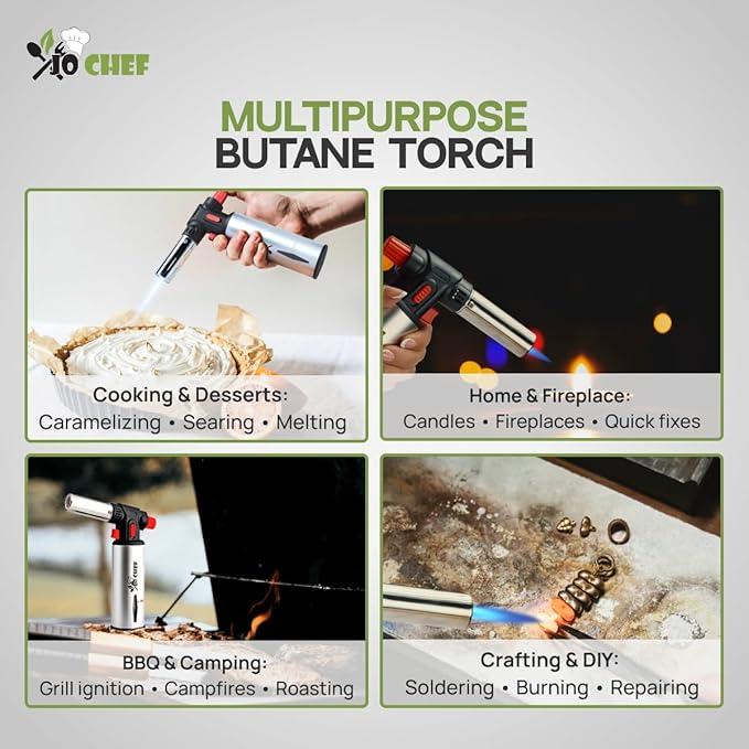 Jo Chef Kitchen Torch with Butane Included – Refillable Lighter with Safety Lock & Adjustable Flame, Blow Culinary Torch for Cooking, BBQ, Creme Brulee, DIY and Soldering - 1 Can (3.38oz) Included
