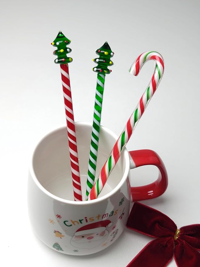 Christmas Tree Glass Stir Sticks - 6.88" Cute Swizzle Stick for Coffee & Cocktails - Festive Red, Green& White Striped Design - Holiday Party Drink Mixers Essentials (4-Pack)