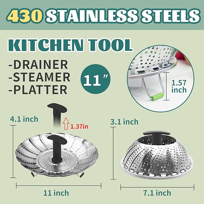 SHIKORI Steamer Basket,Stainless Steel Vegetable Steamer Basket Folding,Folding Expandable Steamers,Expandable to Fit Various Size Pot-T-Green 11 in