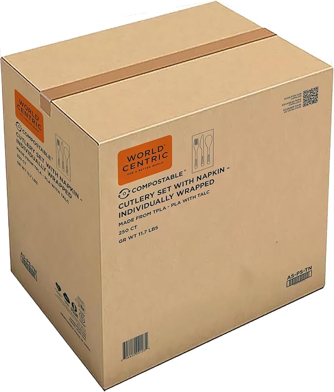 World Centric Compostable Cutlery with Napkin 6" - White TPLA, Assorted and Wrapped - 250 Pack