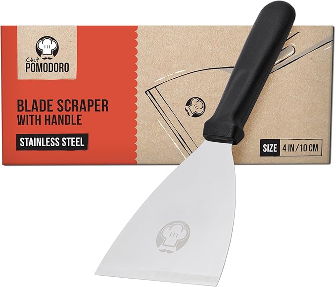 Chef Pomodoro Pizza Dough Scraper Tool 4" (10 cm), Bench Scraper with Handle, Stainless Steel Bench Knife and Metal Chopper for Kitchen, Bread Spatula, Pastry Tool for Food and Baking