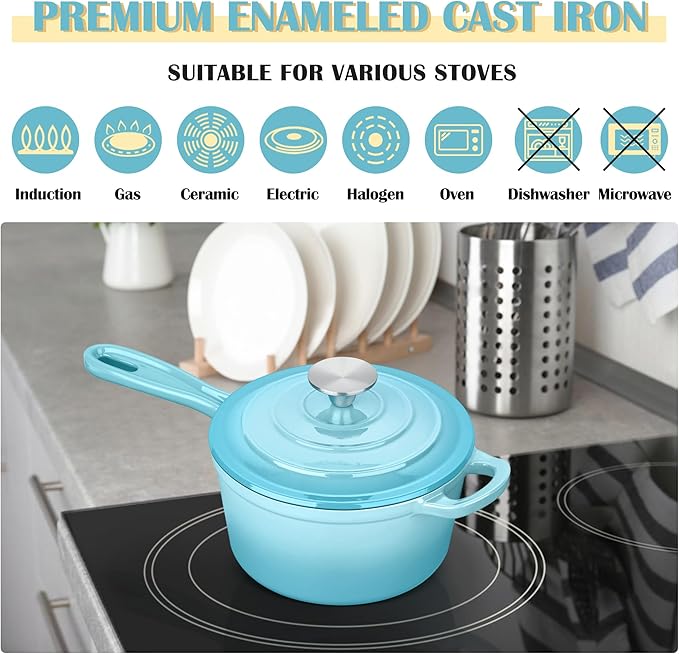 E-far Enameled Cast Iron Sauce Pan with Lid, 1 Quart Dutch Oven Saucepan, Mini Sauce Pot for Cooking, Boiling, Healthy & Non Toxic, Induction & Oven Safe, Light Blue