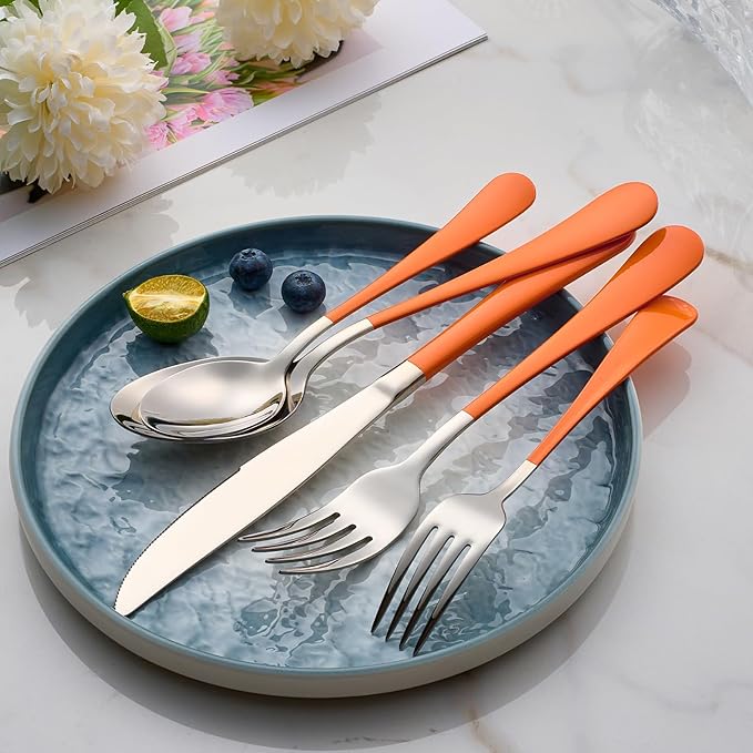 20-Piece Orange Silverware Set 18/0 Stainless Steel Flatware Orange Handle Cutlery Set Service for 4 Dinner Knives Forks Spoons Set Mirror Finish Dishwasher Safe