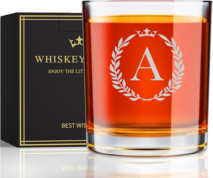Personalized Whiskey Glasses Gifts for Men, Monogrammed Engraved A-Z 10.6 oz Rocks Glass Customized Gift, Unique Christmas Birthday Gifts for Men Him Dad Husband Brother Son (A)