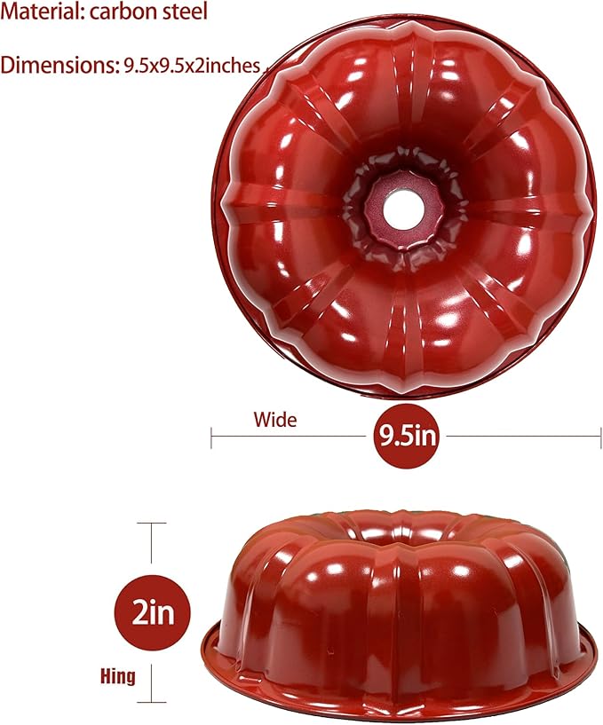 Classic Bakeware 9.5 Inch Non-stick Fluted Cake Pan,Heavy Duty Carbon Steel Tube Baking Mold Red