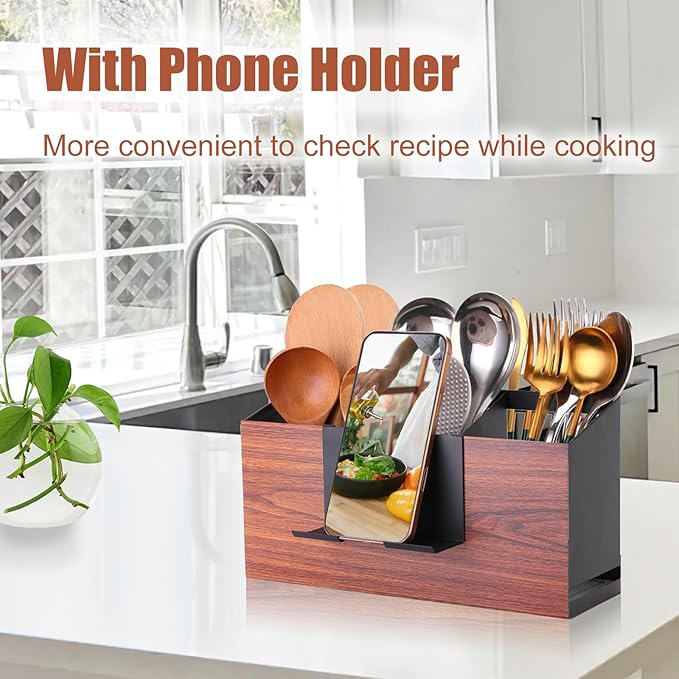 Utensil Holder Large Iron Flatware Container with 3 Compartments Countertop Wall-mounted Kitchen Utensil Storage (Black)