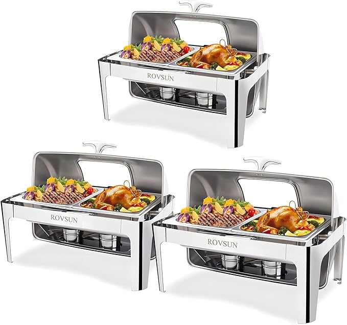 ROVSUN 3 Pack Roll Top Chafing Dish Buffet Set,9 Quart Rectangular NSF Stainless Steel Chafer for Catering,Buffet Servers and Warmers Set with Glass Window for Wedding, Party, Banquet, 2 Half Size