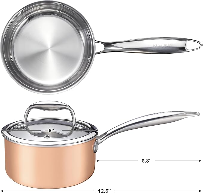 1-Quart Saucepan with Lid, Tri-Ply Stainless Steel Pot with Stay-Cool Handle & All Cooktop Compatibility (Gas, Ceramic, Electric) - Copper