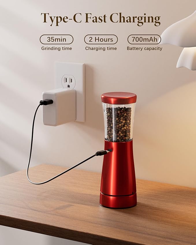 Electric Salt or Pepper Grinder Set Rechargeable, Electric Pepper Grinder with Adjustable Coarseness, 4.5oz Large Capacity, 1.8" Wide-Mouth & Storage Base, One-Hand Operation Kitchen Gadgets