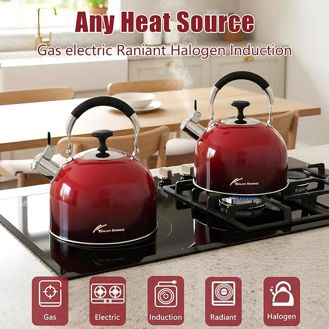 Tea Kettle Stovetop,Stainless Steel Whistling Tea Kettle For Stove Top, 2.5 Qt Tea Pot With Folding Handle, Food Grade Water Teapot Water Kettle For Stove Home Camping Travel,Gradient Red