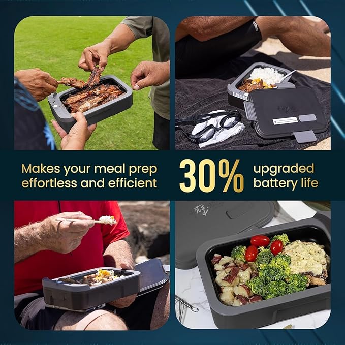 Hot Bento PLUS Self Heated Lunch Box and Food Warmer Removeable Battery Powered, Portable, Cordless, Hot Meals for Office, Travel, Jobsite, Picnics, Outdoor Recreation, Kitchen Meal Prep (Ebony)