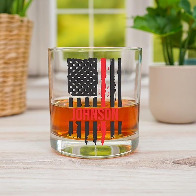 Blue Ridge Mountain Gifts - Thin Red Line Whiskey Glass - Personalized Firefighter Glass, Fireman Flag & Appreciation, Back the Red, Fire Academy Gift, Personalized Father's Day Gift First Responders