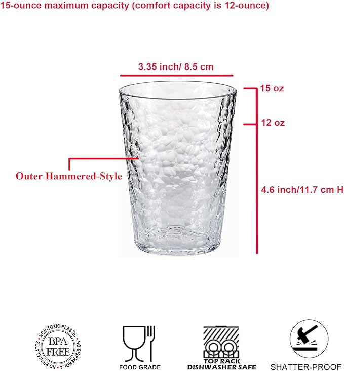 KOXIN-KARLU Hammered 15-ounce Plastic Tumbler Acrylic Glasses, set of 6 Clear