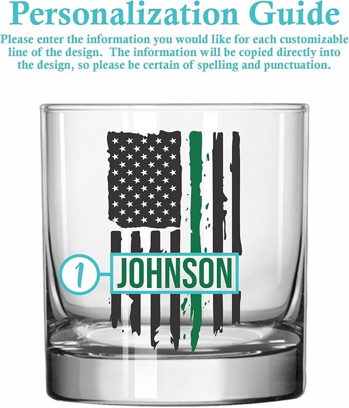 Blue Ridge Mountain Gifts - Thin Green Line Whiskey Glass - Personalized Military Gift, Border Patrol Appreciation, Green Line Merch, Veteran Gift, Custom Barware, Special Forces Glass