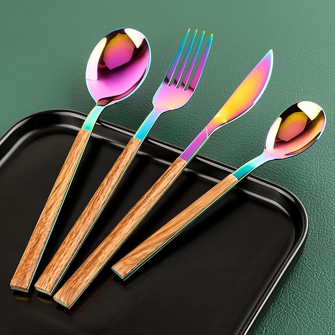 Stainless Steel Flatware Set for 4, Cutlery Utensils Set Include Knives/Forks/Spoons Service for 4, Mirror Polished and Dishwasher Safe (Rainbow)