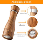 Wooden Salt and Pepper Grinder Set:Pepper Grinder Manual,Adjustable Coarseness,Crafted of Acacia Wood with Ceramic/Stainless Steel Core|Along with Salt&Pepper Mill Tray,Spoon,8in,2pack