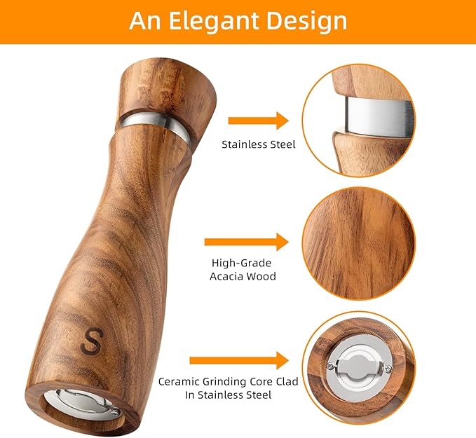 Wooden Salt and Pepper Grinder Set:Pepper Grinder Manual,Adjustable Coarseness,Crafted of Acacia Wood with Ceramic/Stainless Steel Core|Along with Salt&Pepper Mill Tray,Spoon,8in,2pack