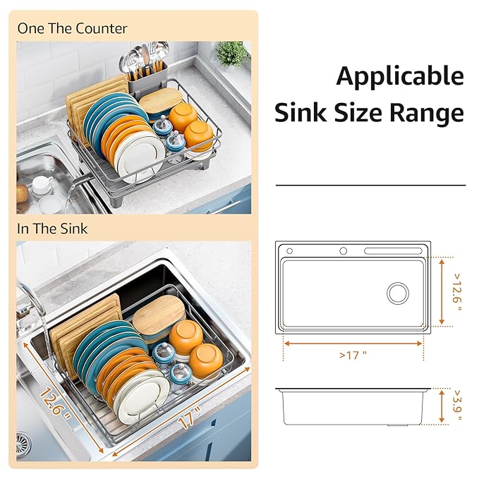 Dish Drying Rack for Kitchen Counter, Space-Saving Dish Rack, Multifunctional Dish Drainer Rack, Sink Kitchen Dishes Strainer, Dryer Rack with Drain Board, and Cutlery Holder,Small Size Gray