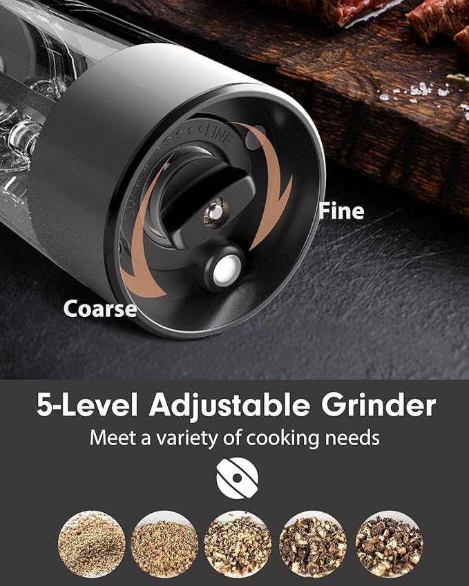 TOMEEM Upgraded Larger Capacity Electric Salt and Pepper Grinder Set Rechargeable with LED lights, Stainless Steel Automatic Pepper and Salt Grinder Refillable with 5 Adjustable Coarseness Gray