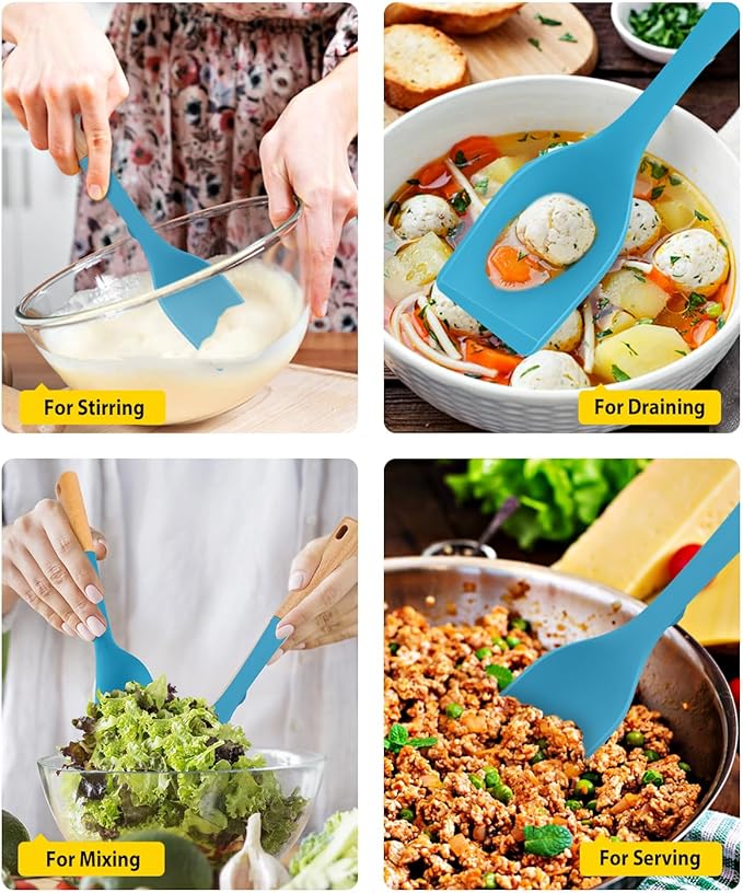 Pack of 2 Large Silicone Cooking Spoons, Heat Resistant Non Stick Kitchen Utensils with Wooden Handle, Ideal for Mixing, Stirring, Serving, Cooking(BLUE)