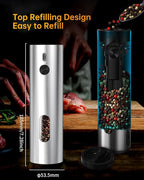 CIRCLE JOY Rechargeable Electric Pepper Grinder, Automatic Stainless Steel Pepper Mill Grinder with 110ml Container, Adjustable Coarseness and White LED Light, Silver
