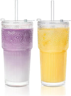 20oz Ribbed & Floral Glass Tumbler Set of 2 – Reusable Glass Cups with Lid and Glass Straw, To-Go Iced Coffee Cups for Water, Smoothie, Milk, Cocktail & More – Perfect for Daily Use & Travel