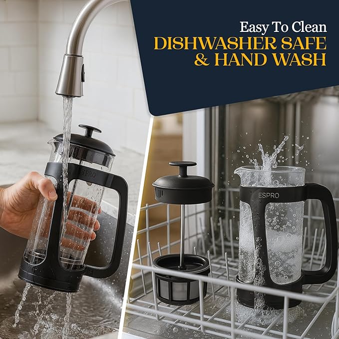 ESPRO P3 French Press Coffee Maker – Patented Double Micro-Filter for Grit-Free Brew, Heat Resistant thicker Borosilicate Glass Coffee press – (18 oz)