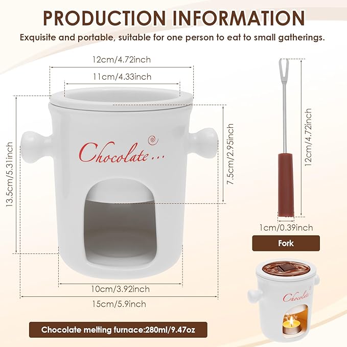 Chocolate Fondue Mug with Fork, 280ml Ceramic Chocolate Fondue Cup Set, Chocolate Melting Mug, Great for Cheese, Butter - Date Nights, Birthdays, Anniversary, Weddings (White)