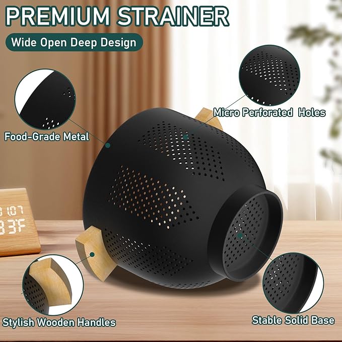 Metal Colander with Bamboo Wood Handle, 6 QT Large Strainer with Self-Draining Base, Kitchen Strainer Bowl for Pasta Spaghetti Vegetables Fruit Berry, Essential Kitchen Appliance and Gadget (Black)