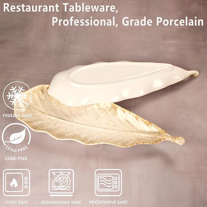 Serving Platter Olives Plate Set of 2, Large Serving Tray for Entertaining, Porcelain Trays and Platters, Salad Appetizer Tray,Dishwasher & Microwave Safe, Gradient beige 17 Inch
