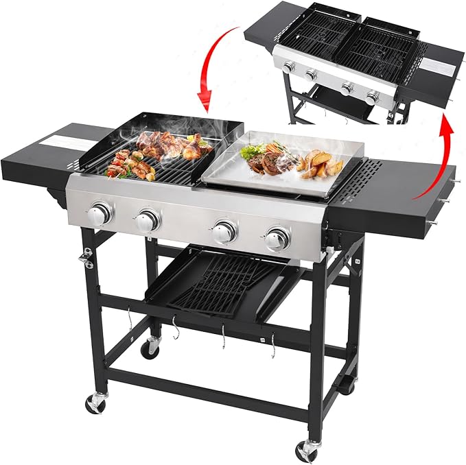 2 in 1 Propane Griddle Grill Combo 38200 BTU, 4-Burner Propane Gas BBQ Grill with 2 Foldable Side Table for Outdoor Cooking Camping Patio Backyard (propane+griddle)