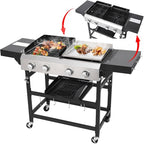 2 in 1 Propane Griddle Grill Combo 38200 BTU, 4-Burner Propane Gas BBQ Grill with 2 Foldable Side Table for Outdoor Cooking Camping Patio Backyard (propane+griddle)