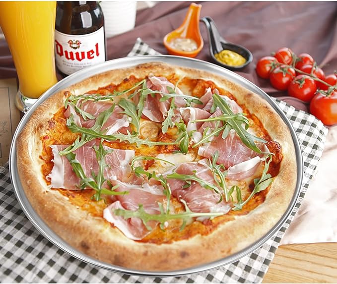 Deedro Stainless Steel Pizza Pan 13½ inch Round Pizza Tray Pizza Baking Sheet, Healthy Pizza Baking Pan Pizza Serving Tray Crisper Pan, Dishwasher Safe, 4 Pack