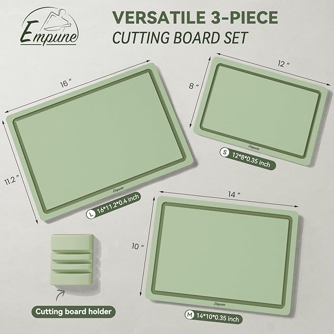Empune Plastic Cutting Board Set, Recycled Plastic Cutting Boards for Kitchen (Set of 3), Dishwasher Safe Large Chopping Board with Holder, Non-slip Feet and Juice Grooves, Nonporous, Green