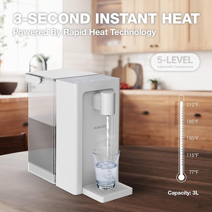 AIRHOP Instant Hot Water Dispenser, Quick Heating Countertop Water Dispenser with Child Locks, Adjustable 5 Temp 3 Water Volume Dispense, 100OZ 3L Removable Tank, Ideal for Home Office Kitchen, White