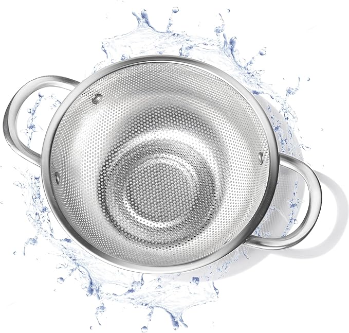 Premium Stainless Steel Colander for Kitchen, Food Strainer Basket with Handle and Solid Ring Base for Fruits Vegetables Rice and Pasta, Dishwasher Safe (5QT)