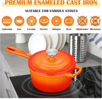 E-far Enameled Cast Iron Sauce Pan, 2 Quart Dutch Oven Saucepan with Lid, Small Sauce Pot for Cooking, Boiling, Healthy & Non Toxic, Induction & Oven Safe, Orange