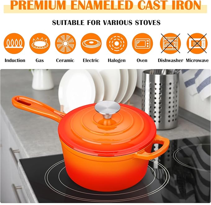 E-far Enameled Cast Iron Sauce Pan, 2 Quart Dutch Oven Saucepan with Lid, Small Sauce Pot for Cooking, Boiling, Healthy & Non Toxic, Induction & Oven Safe, Orange