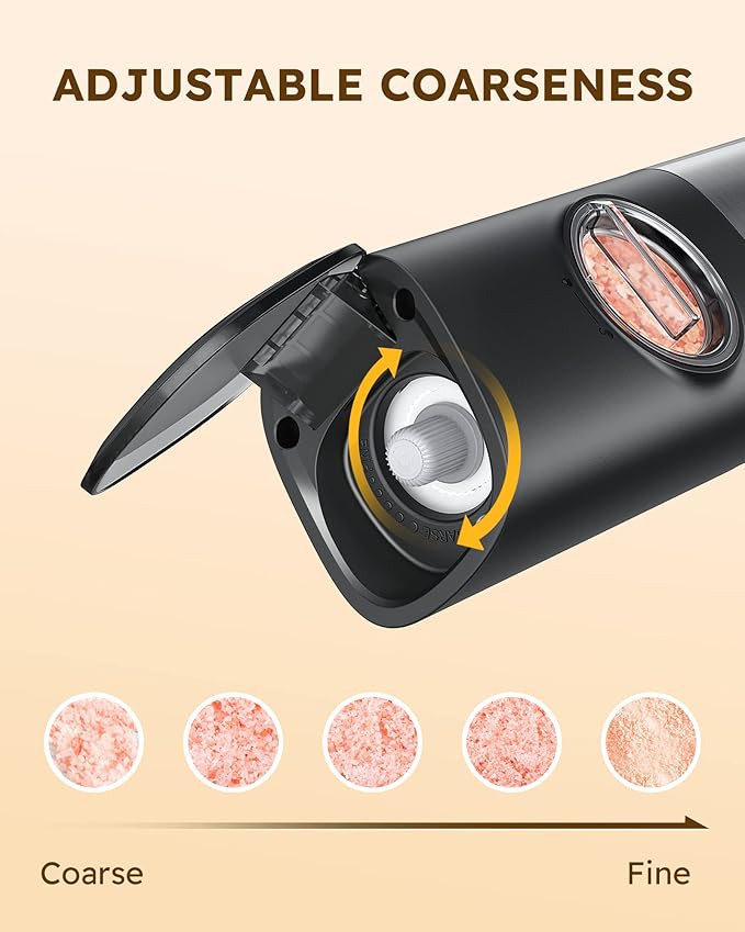 Sangcon Gravity Electric Salt and Pepper Grinder Set [Upgraded Larger Capacity] USB Rechargeable With Dual Charging Base - Automatic One Hand Operation - Adjustable Coarseness & LED Light Refillable