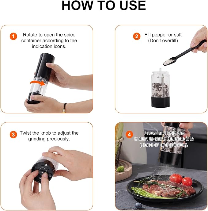 Fresh World 2Pack Electric Salt and Pepper Grinder Set Rechargeable with LED Light, Adjustable Coarseness Large Capacity Automatic Salt Pepper Mill Grinder for Kitchen, Restaurant, Outdoor, Black