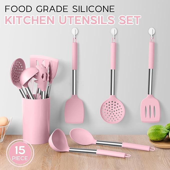 Silicone Utensils Set, Onader 15pcs Kitchen Cooking Utensils with Holder, Non-stick Cookware with Stainless Steel Handle, Kitchen Gadgets Tools Gift - Pink