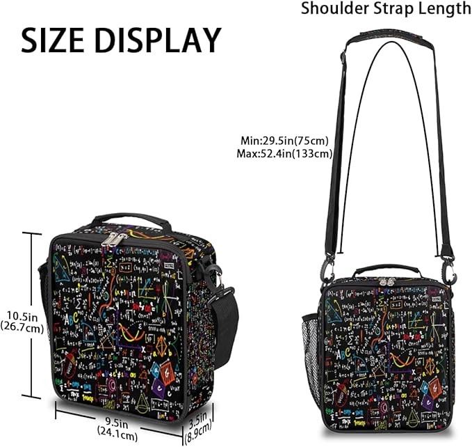 Education Insulated Lunch Bag for Kids Boys Girls Women Men Math Formula Blackboard Lunch Box with Shoulder Strap Reusable Waterproof Thermal Cooler Bag for School Work Picnic Travel Meal Prep Bag